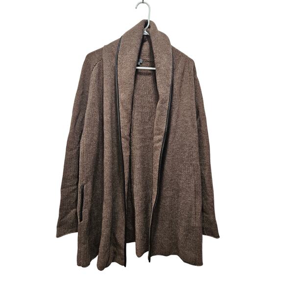 Women's Vince Brown Yak Wool Heavy Knit Leather Trim Relaxed Cardigan Size S - Picture 1 of 6